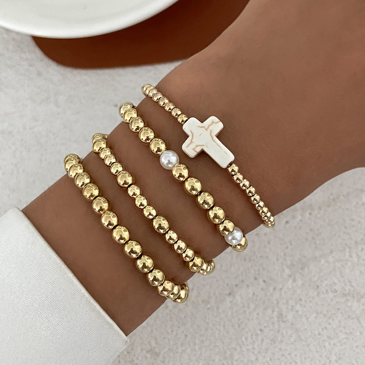 Minimalist Geometric Acrylic Beaded Stretch Bracelet Set with Cross Charm for Women