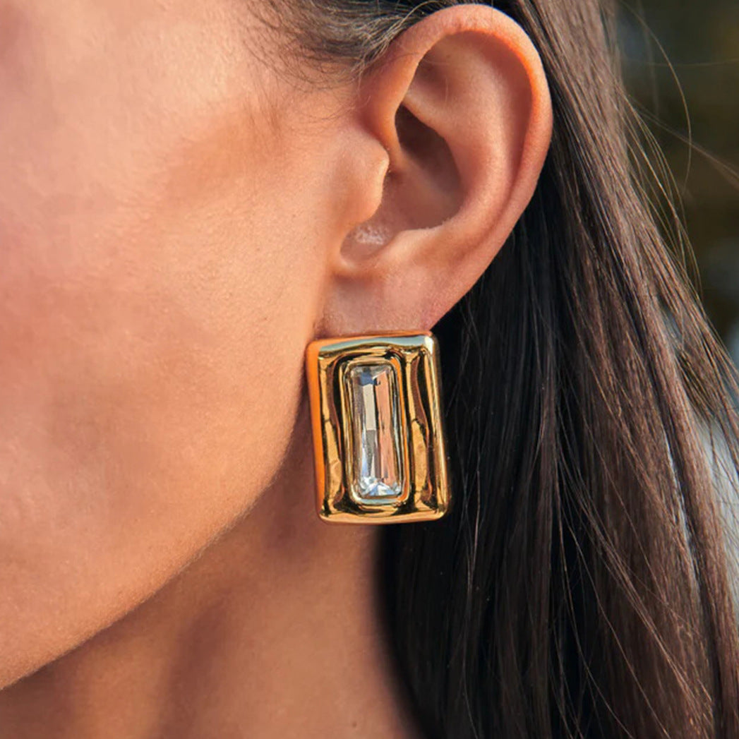 Orecchini a perno da donna in acciaio di titanio con design geometrico minimalista e intarsio di zirconi, in acciaio inossidabile galvanizzato
