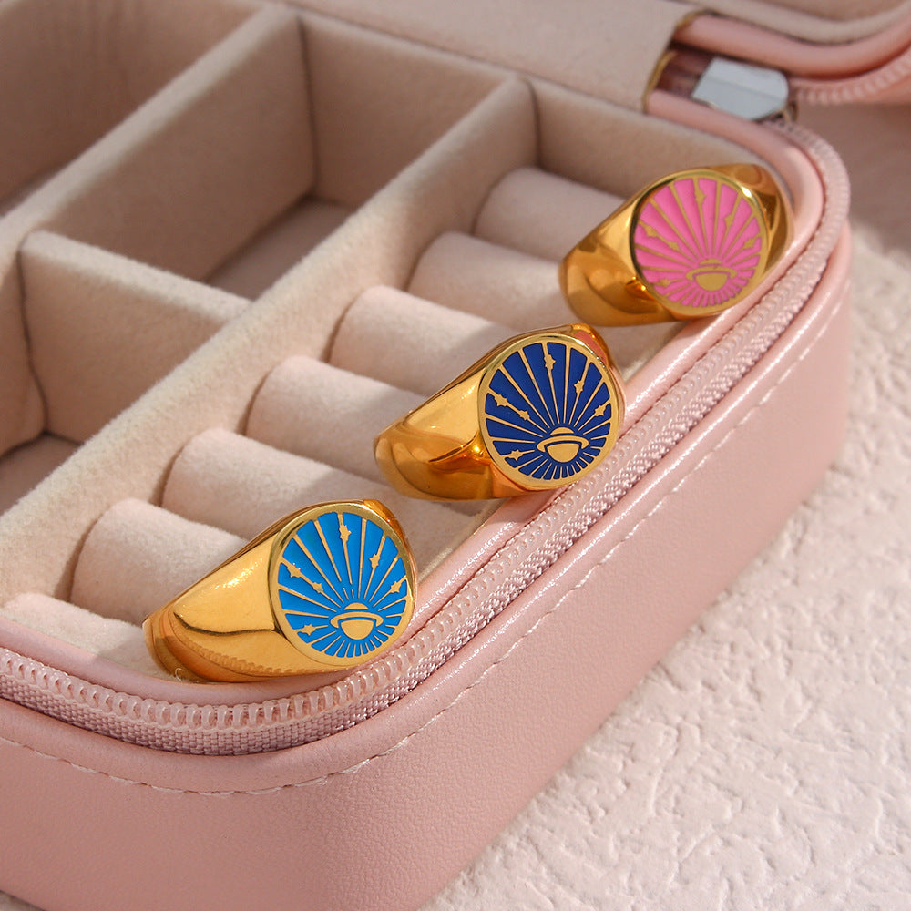 Anillo de mujer de esmalte con diseño de universo y planeta, chapado en oro de 18 quilates, de acero inoxidable geométrico, de inspiración vintage
