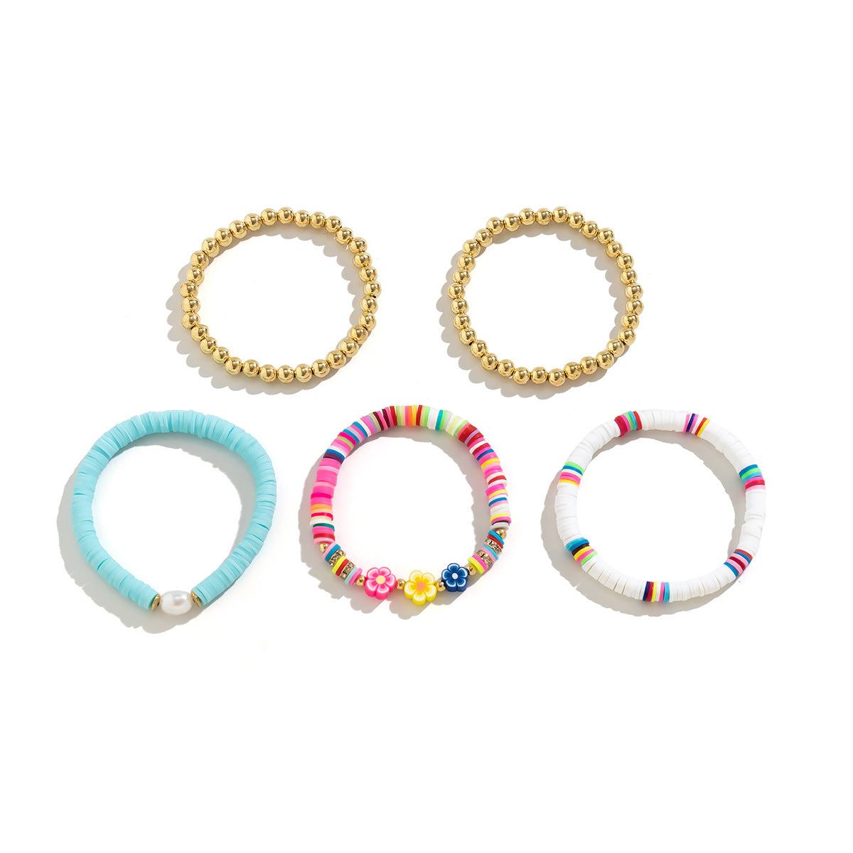Bohemian Daisy Pearl Beaded Bracelet Set with Floral and Geometric Design for Women