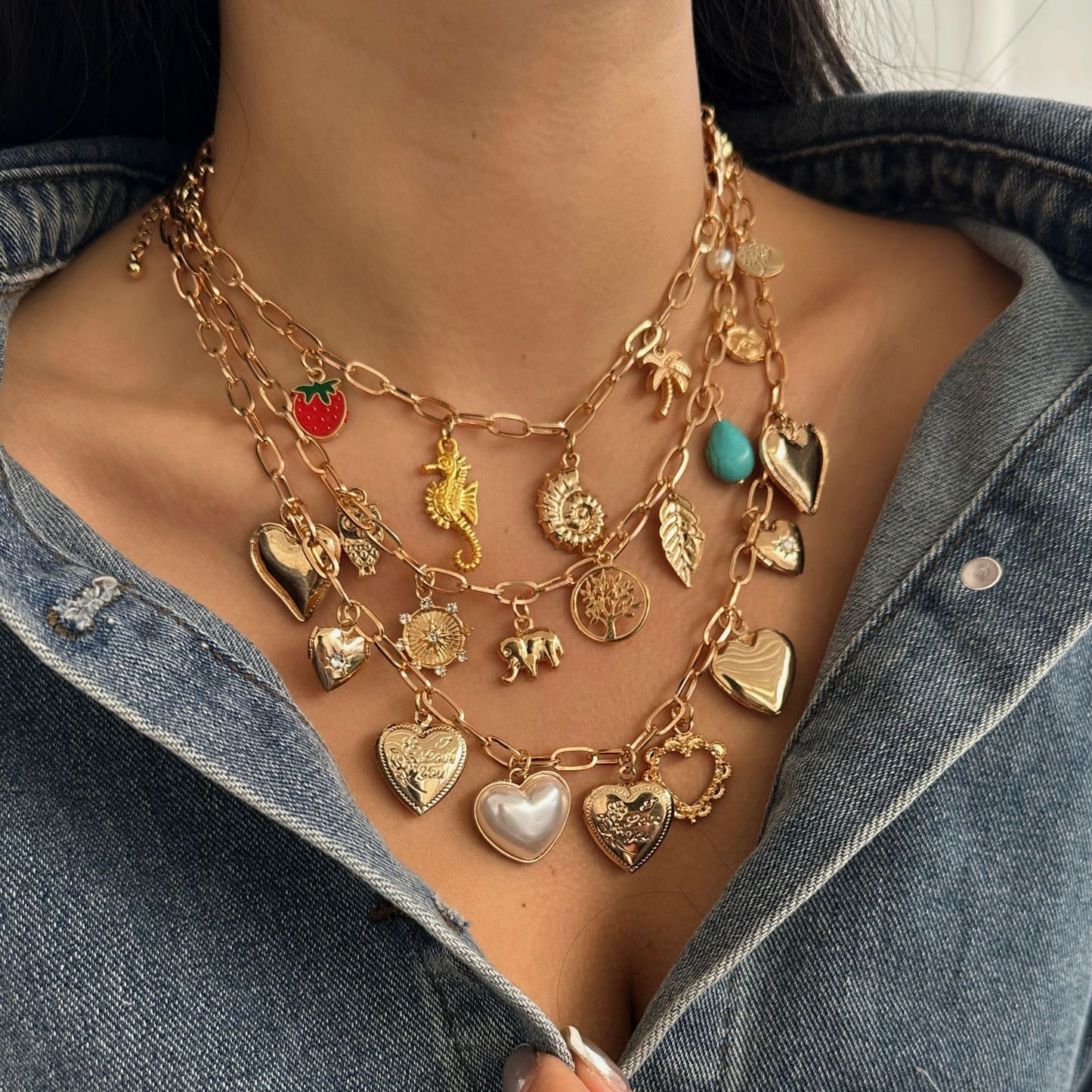 Casual Heart Cross Rhinestone Plated Alloy Necklace Layered Cable Chain for Women