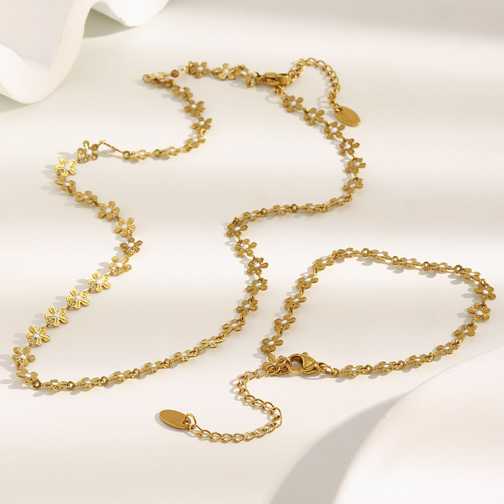 Bohemian Style Floral Pendant Necklace in Stainless Steel with 18K Gold Plating and White Enamel Detail for Women
