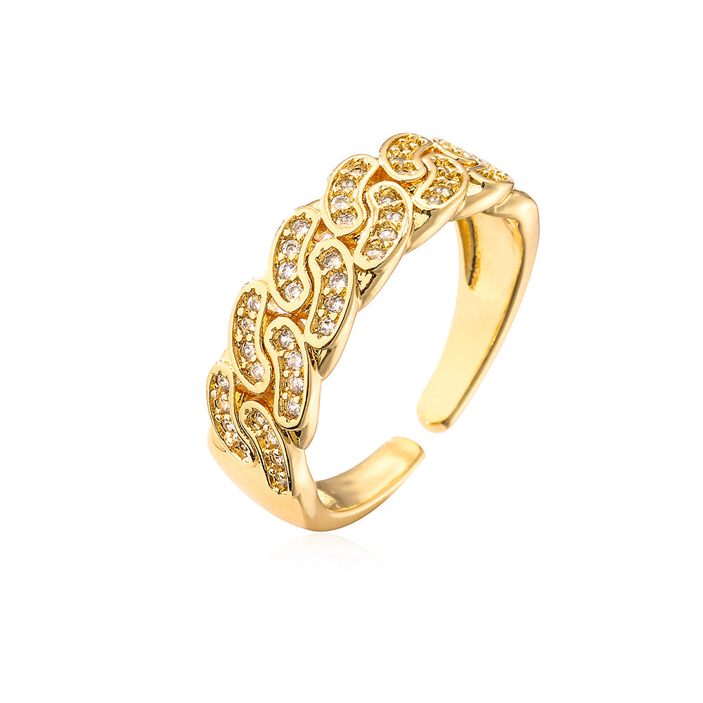 Anello Aperto Geometrico Minimalista da Donna Realizzato in Rame con Placcatura in Oro Vero e Zirconia Micro-Pavé