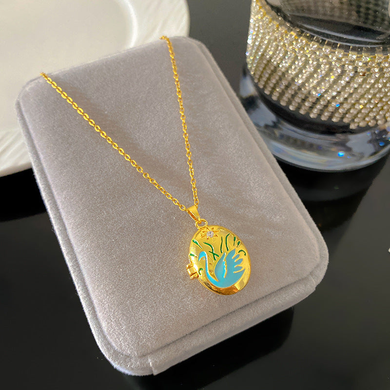 Vintage Enamel Drip Oil Oval Heart Brass Pendant Titanium Steel Necklace Cable Chain