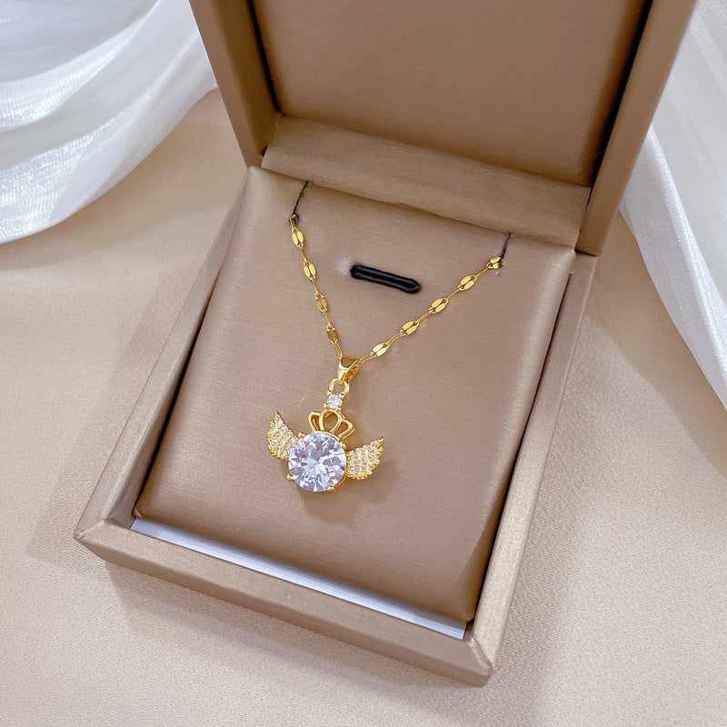 Collar minimalista geométrico con colgante de luna para mujeres y hombres Cadena de acero inoxidable con diseño de corona y alas