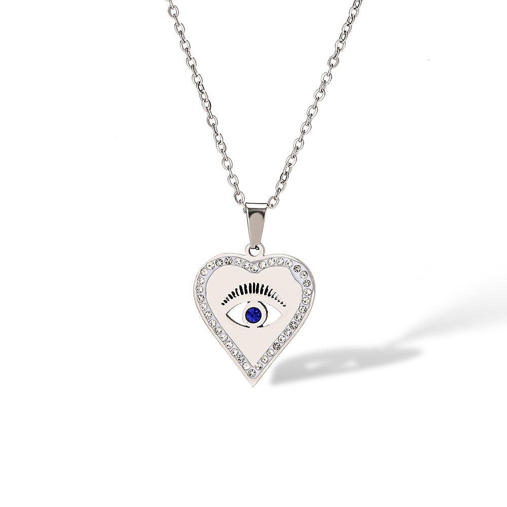 Minimalist Evil Eye Pendant Necklace for Women in Titanium Steel with Geometric Design and Heart Charm