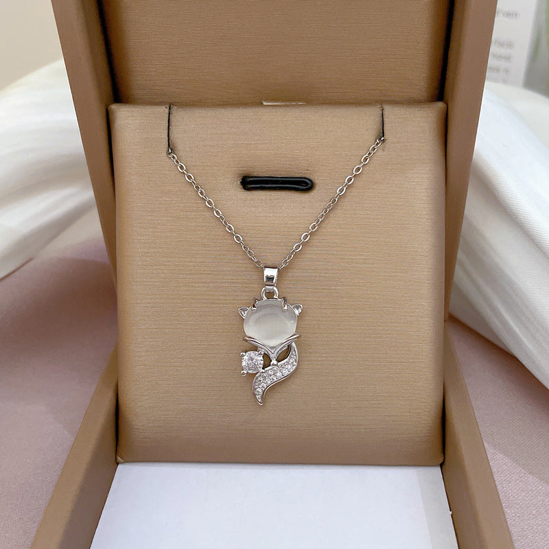 Luxury Geometric Fox Cat's Eye Pendant Necklace for Women Titanium Steel Collar Chain with Rhinestone Inlay