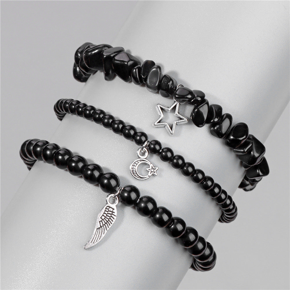 Vintage Amethyst Crystal Chip Beads Bracelet with Star Moon Pendant Geometric Irregular Stone Elastic Multi-Layer Bracelet for Women