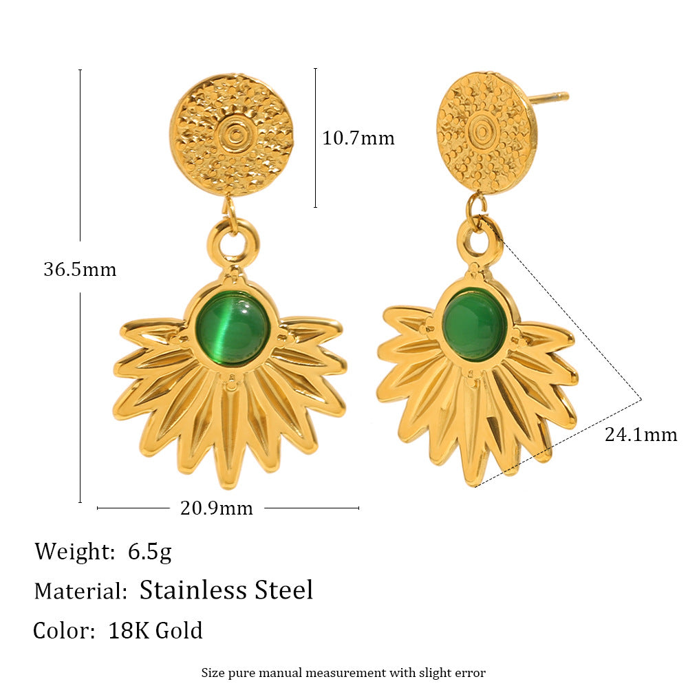 Minimalist Geometric Stainless Steel Earrings with 18K Gold Plating and Vintage Green Agate Pendant