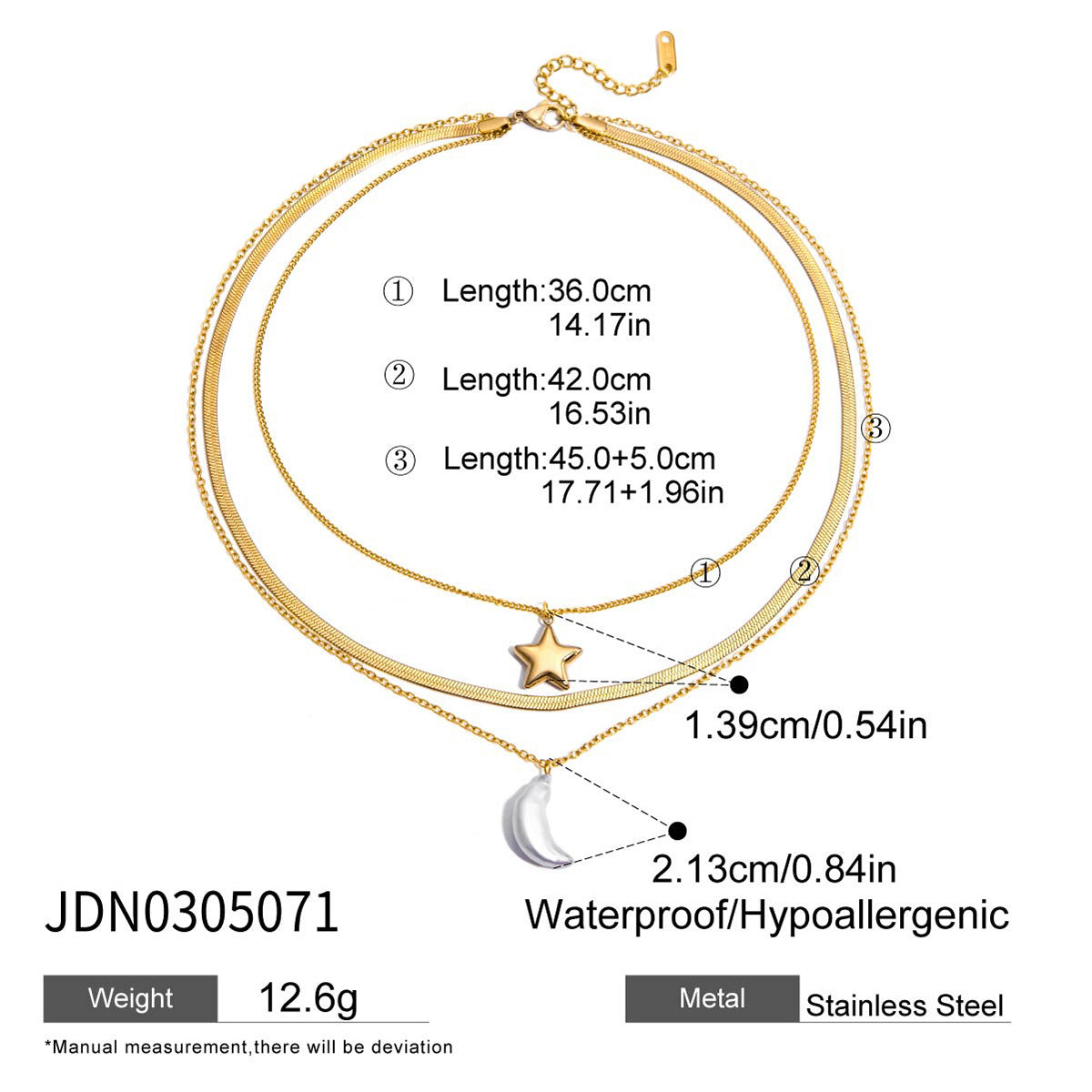 Elegante set collana a strati luna e stella in acciaio al titanio con orecchini a perno in acciaio inossidabile da donna