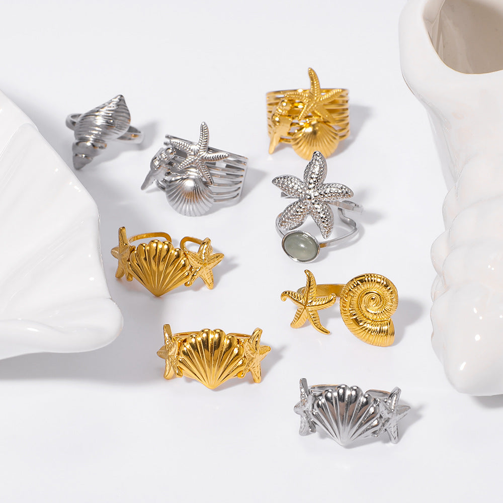 INS Style Geometric Starfish and Seashell Open Ring for Women Stainless Steel with 18K Vacuum Plating