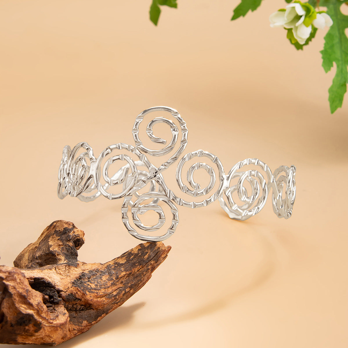 Vintage Geometric Hollow Spiral Plated Iron Arm Cuff for Women