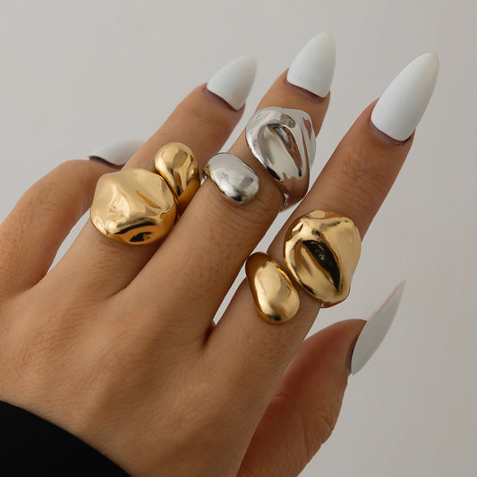 Anello Aperto a Goccia Liquida Geometrica Asimmetrica Minimalista da Donna in Lega con Finitura Galvanizzata