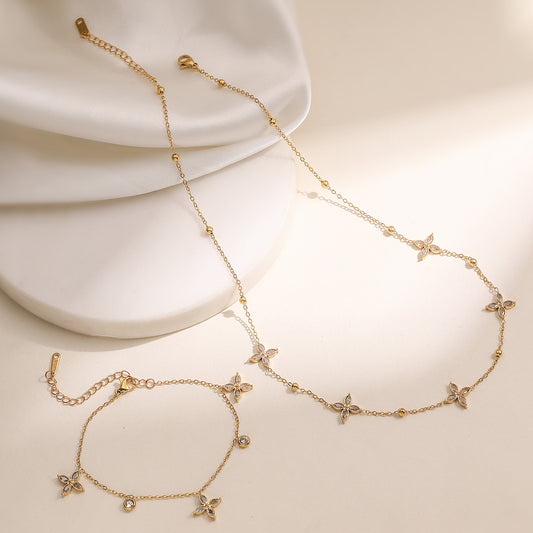 Elegant Minimalist Gold Plated Stainless Steel Floral Geometric Cubic Zirconia Pendant Necklace for Women