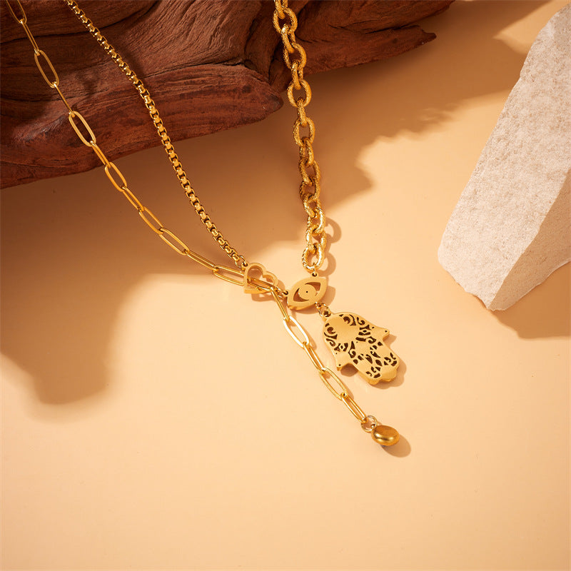 Vintage Gold Plated Hand Eye Pendant Stainless Steel Cable Chain Necklace Jewelry Set for Women