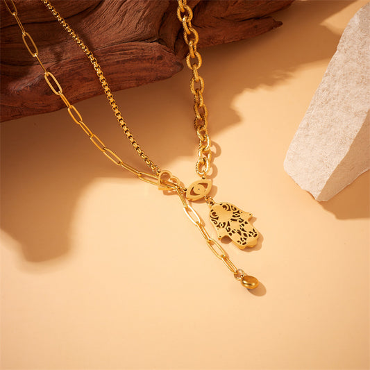 Vintage Gold Plated Hand Eye Pendant Stainless Steel Cable Chain Necklace Jewelry Set for Women