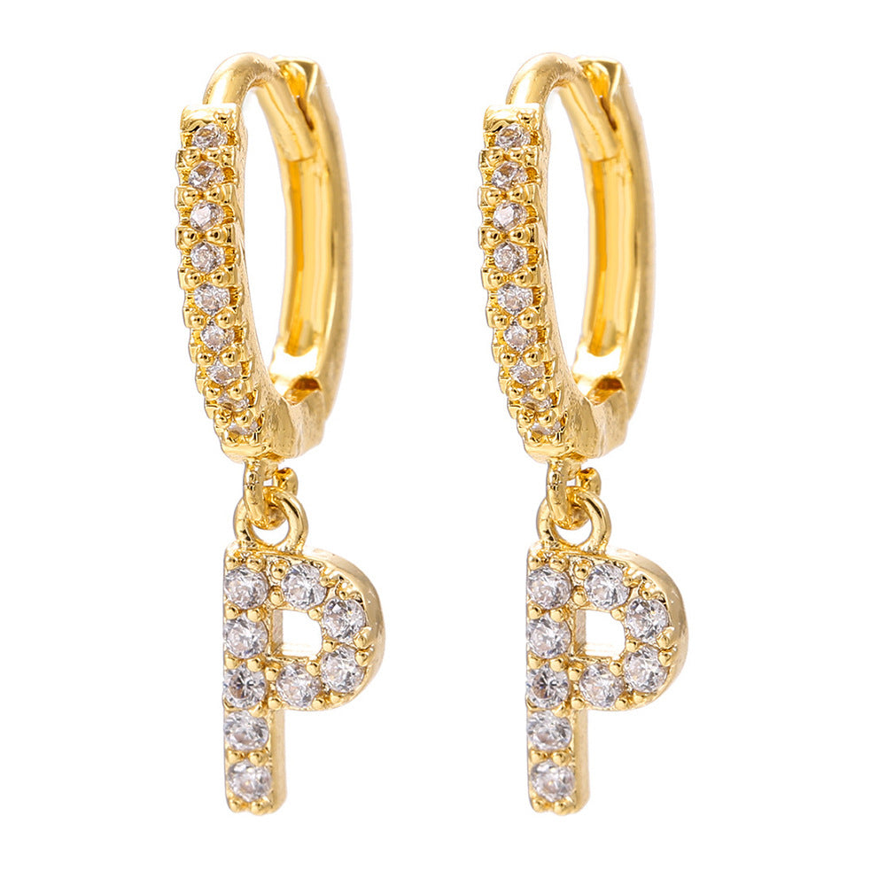 Elegant Gold Plated Letter Cubic Zirconia Inlay Brass Earrings