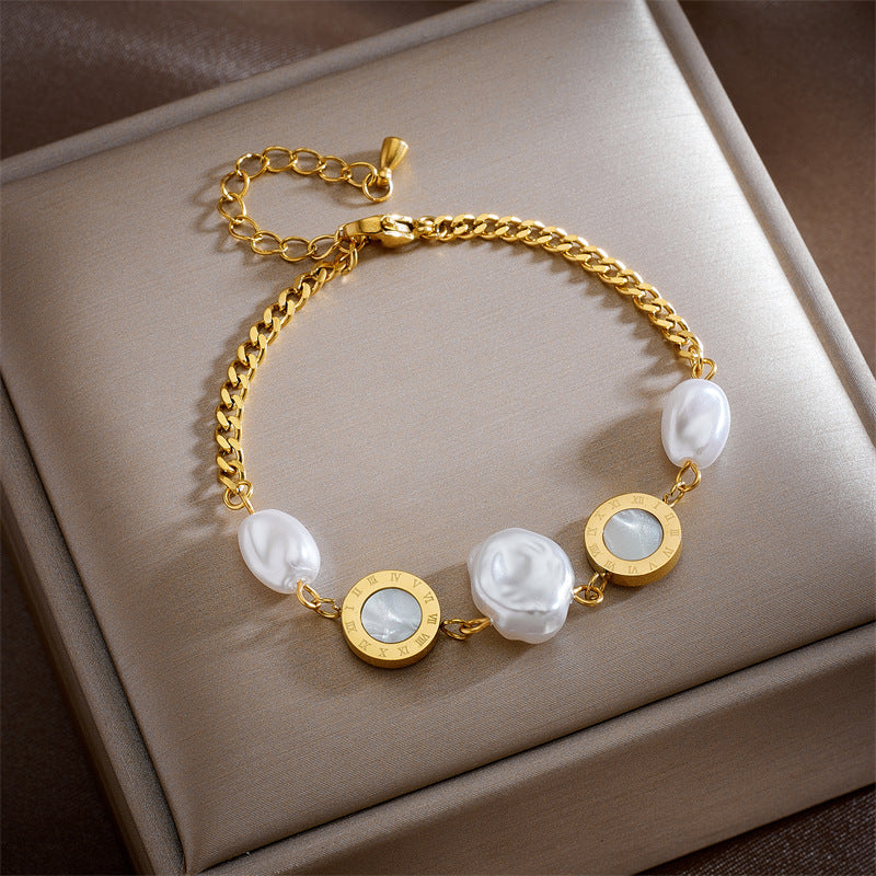 Minimalist Vintage-Inspired Double-Layer Bracelet with Stainless Steel Chain, Pearl Round Pendants, Star and Butterfly Charms