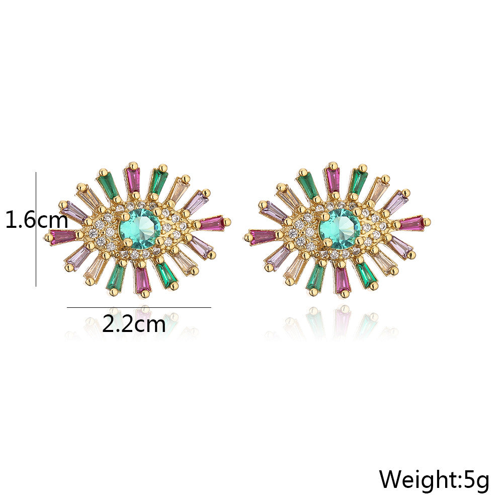 Geometric Copper Earrings with 18K Gold Plating and Micro-Paved Zirconia Eyes for Women