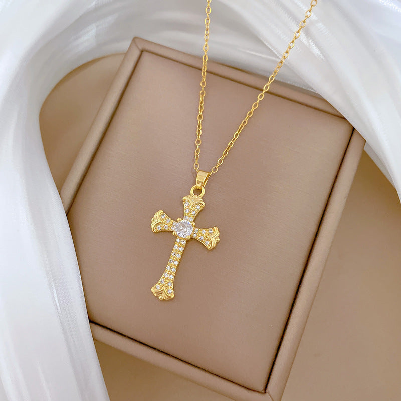 Collana di lusso con strass a croce geometrica, catena con ciondolo in acciaio al titanio, unisex