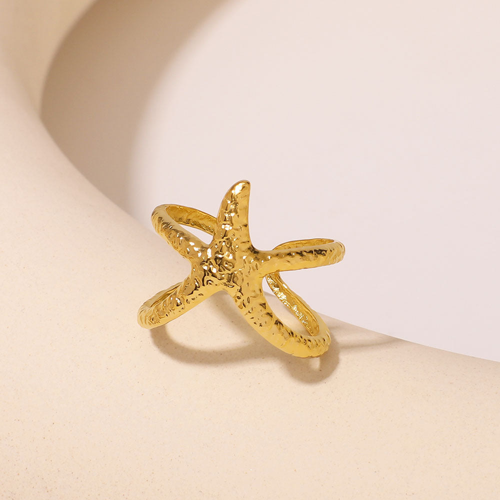 Minimalist Star-Shaped Stainless Steel Ring with Textured Ocean-Inspired Surface Design for Women and Men