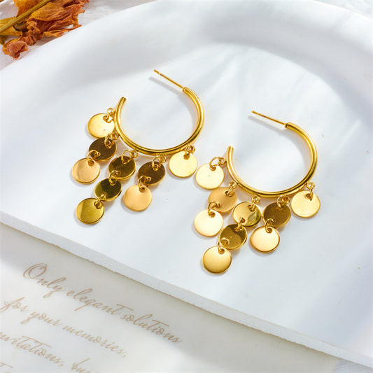 Vintage Minimalist Gold-Plated Titanium Steel Geometric Pendant Earrings with Tassel Detail for Women