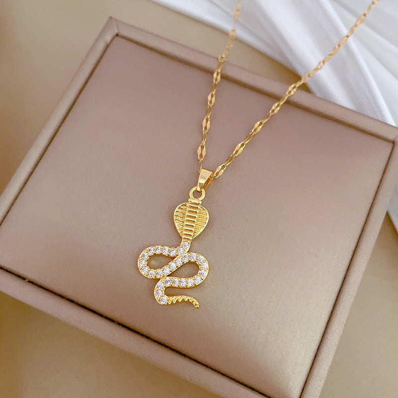 Luxury Snake-Shaped Rhinestone-Encrusted Titanium Steel Necklace for Women Delicate Clavicle Chain Geometric Design