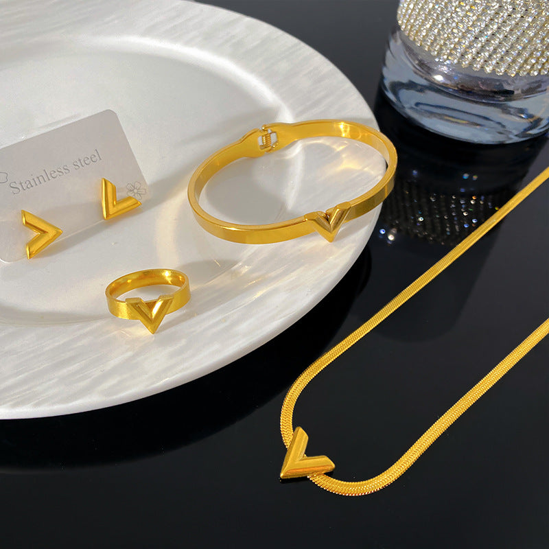 Minimalist Luxury Letter V Geometric Titanium Steel Plated Snake Chain Necklace