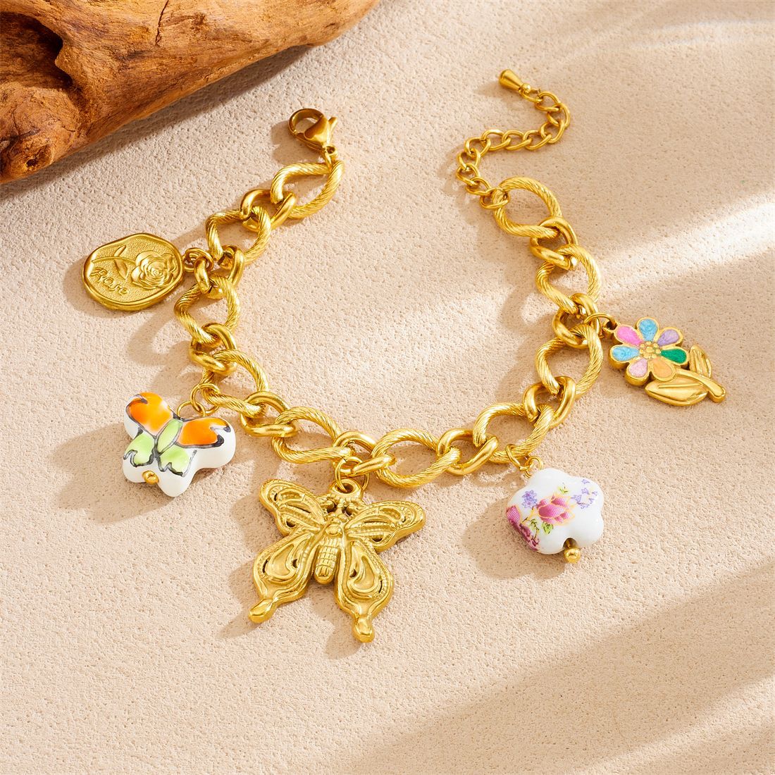 Sweet Elegant Gold Plated Ceramic Floral Butterfly Drip Oil Pendant Necklace and Bracelet Set for Women with Cable Chain
