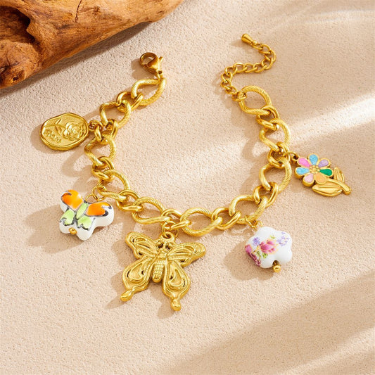 Sweet Elegant Gold Plated Ceramic Floral Butterfly Drip Oil Pendant Necklace and Bracelet Set for Women with Cable Chain