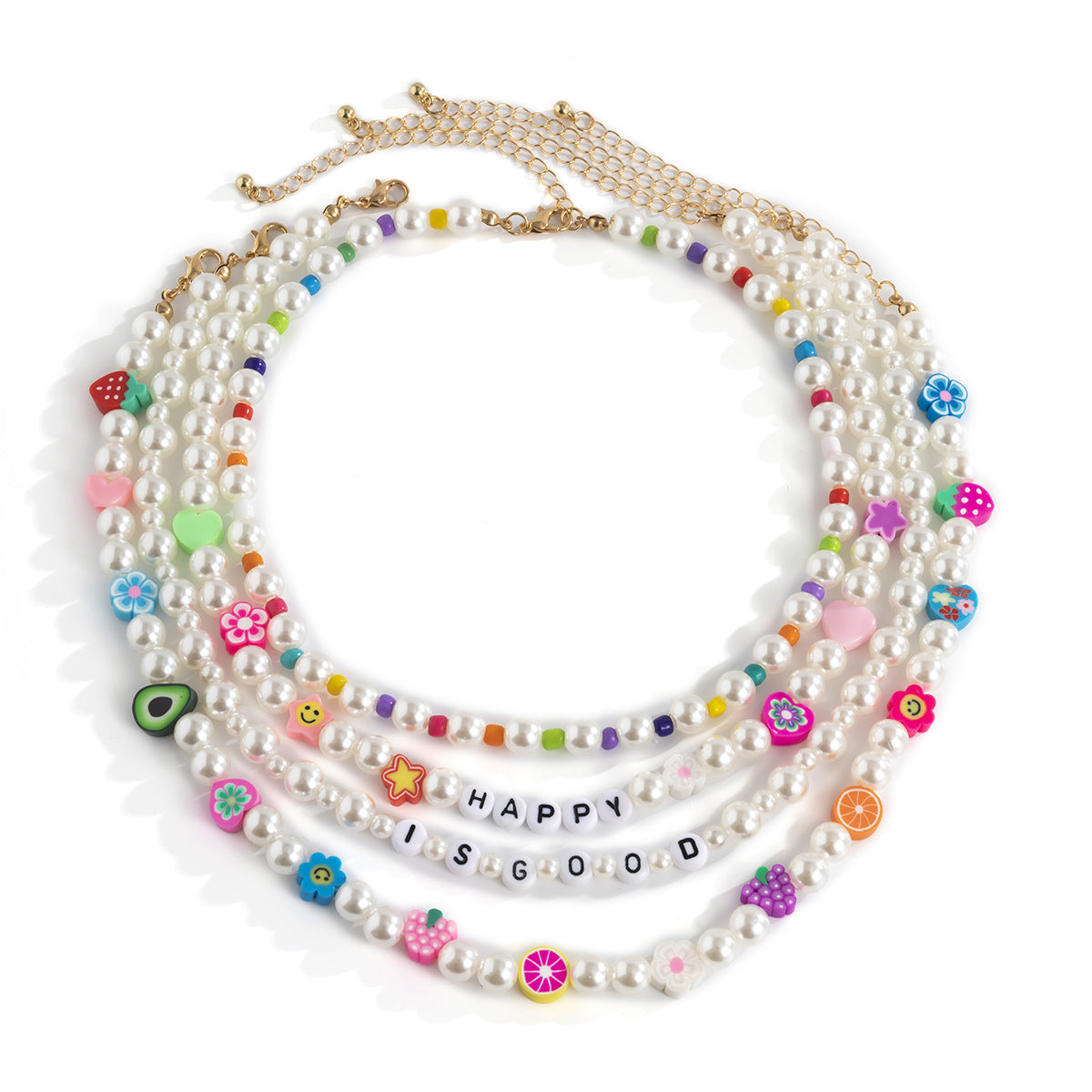 Minimalist Fruit and Floral Woven Multi-Layer Necklace for Women with Resin Pearls and Geometric Accents in Round Bead Chain