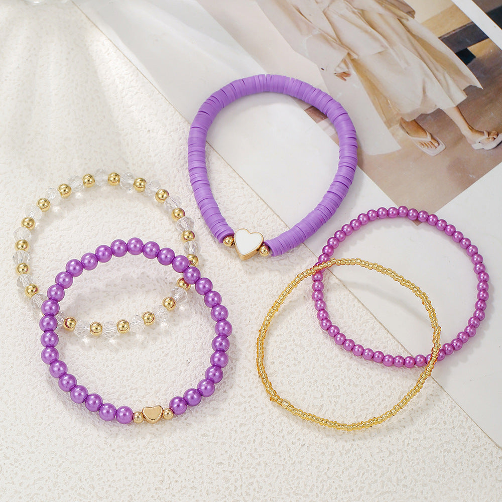 Bohemian Heart Drip Oil Resin and Pearl Beaded Stretch Bracelet Set for Kids