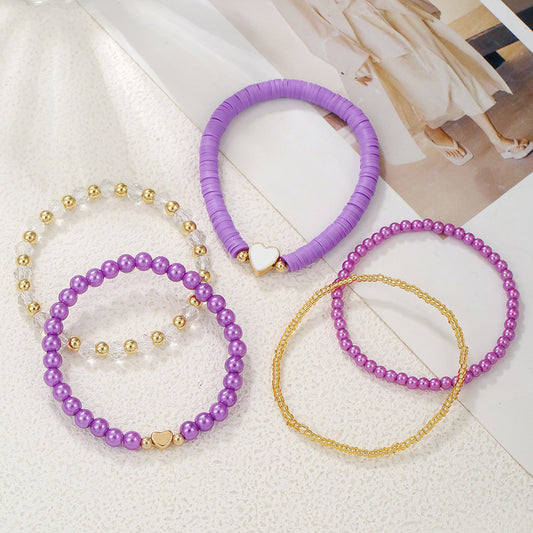 Bohemian Heart Drip Oil Resin and Pearl Beaded Stretch Bracelet Set for Kids