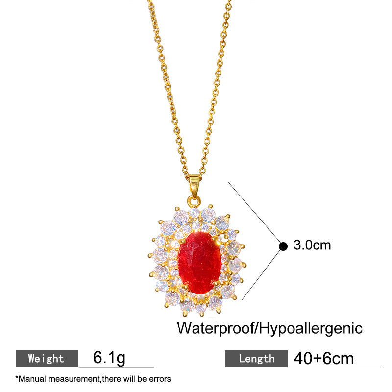 Elegant Sweet Sporty Oval Heart Gold Plated Titanium Steel Necklace with Red Cubic Zirconia Inlay and Brass Pendant