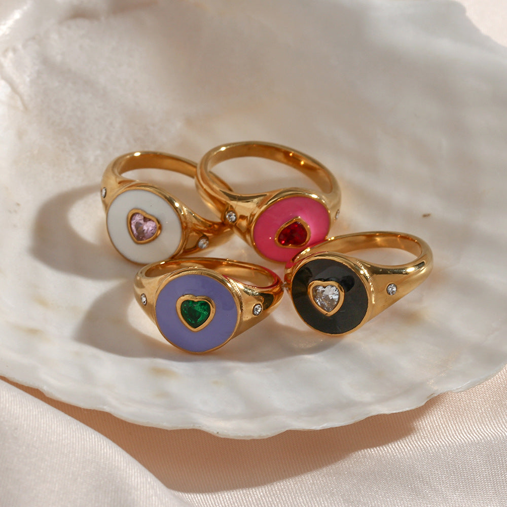 Anello da donna a forma di cuore con strass bianchi, in acciaio inossidabile placcato oro 18K con smalto nero, dal design geometrico retrò chic
