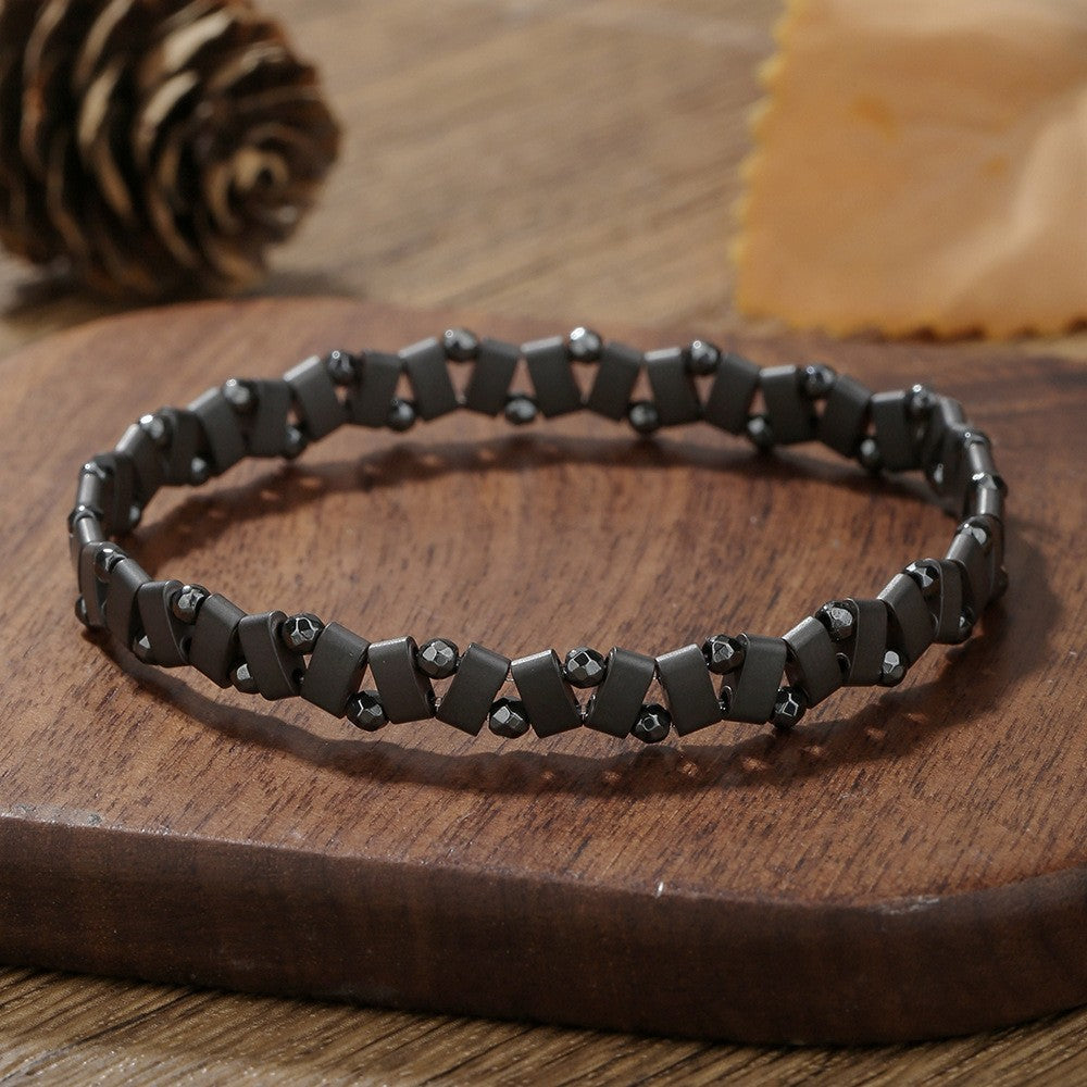 Geometric Handmade Beaded Tiger Eye and Hematite Bracelet with Woven Cord