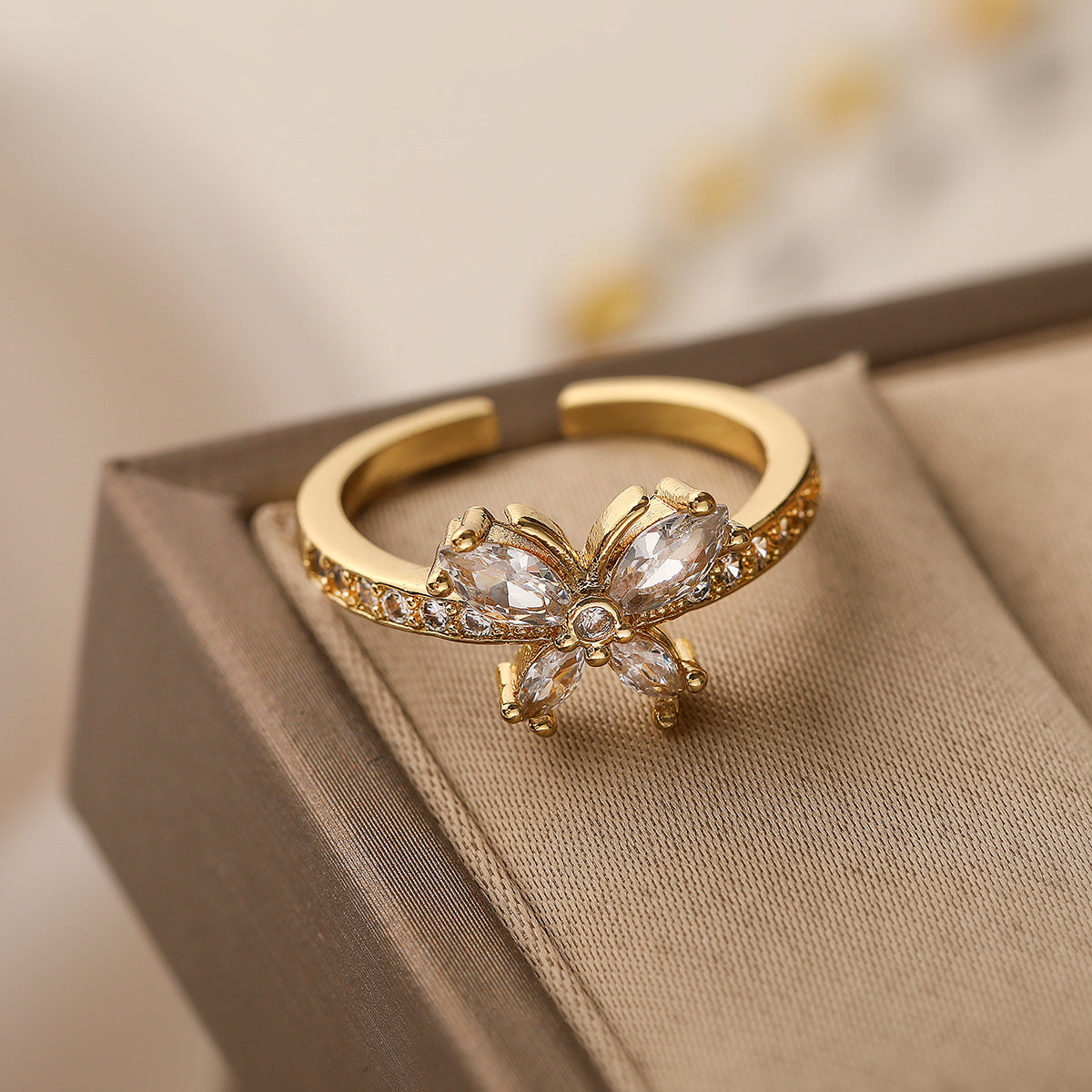 Minimalist Geometric Butterfly-Shaped Copper Ring for Women with Micro-Pavé Setting