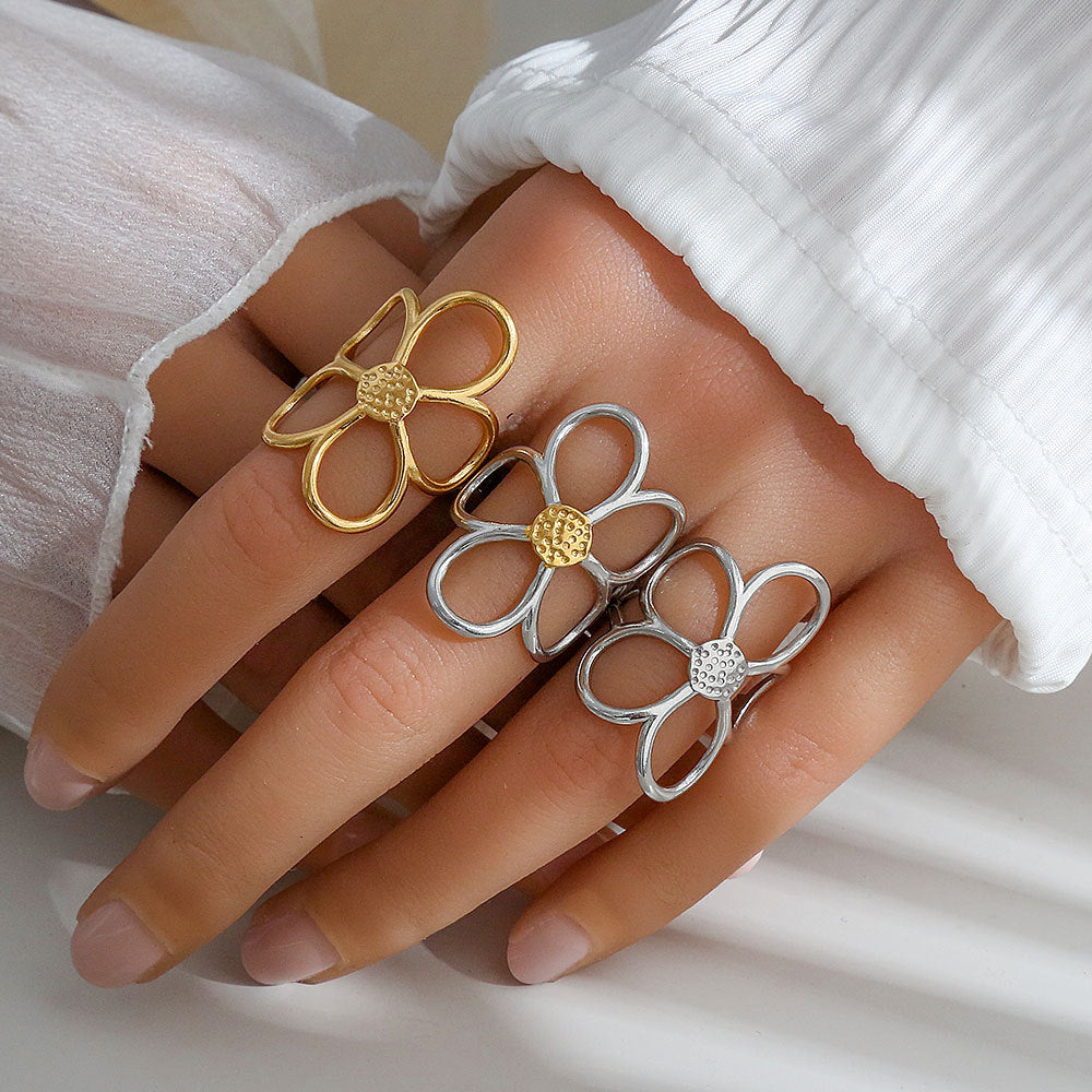 Anillo Abierto Ajustable Floral Minimalista de Acero Inoxidable con Baño de Oro y Plata para Mujer