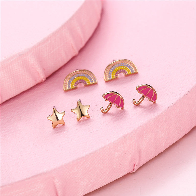 Aretes de tuerca de aleación con forma de corazón de dibujos animados para niñas con diseño floral esmaltado estilo dulce princesa