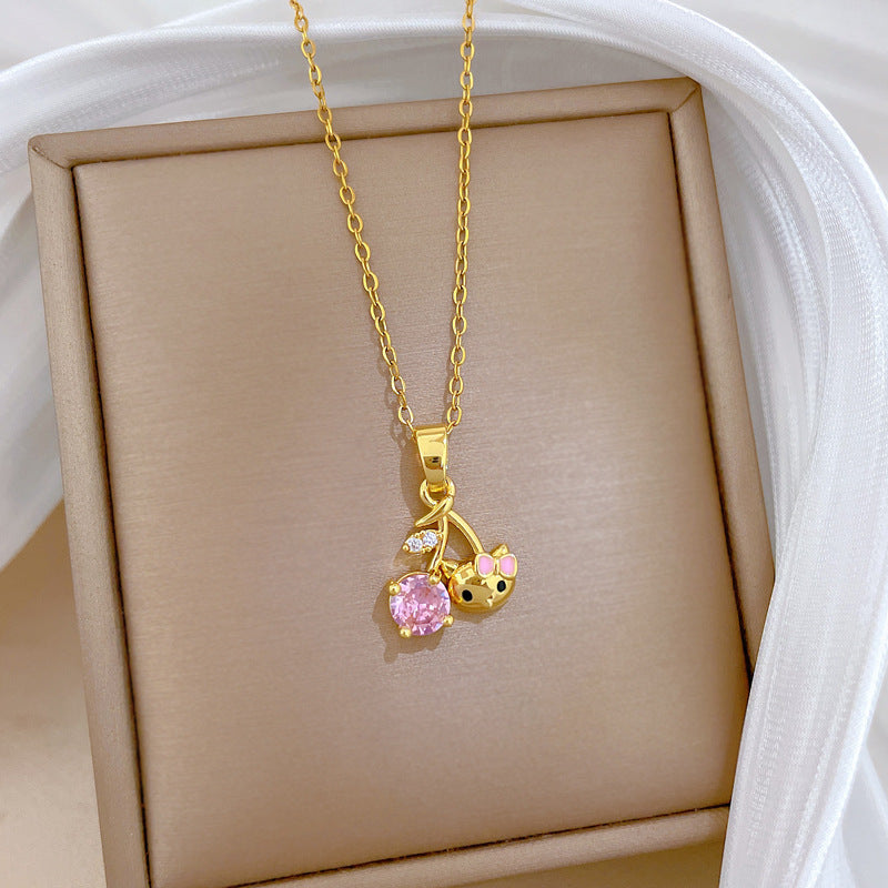 Sweet Luxury Geometric Moon Cartoon Rhinestone Pendant Necklace Titanium Steel Cable Chain for Unisex
