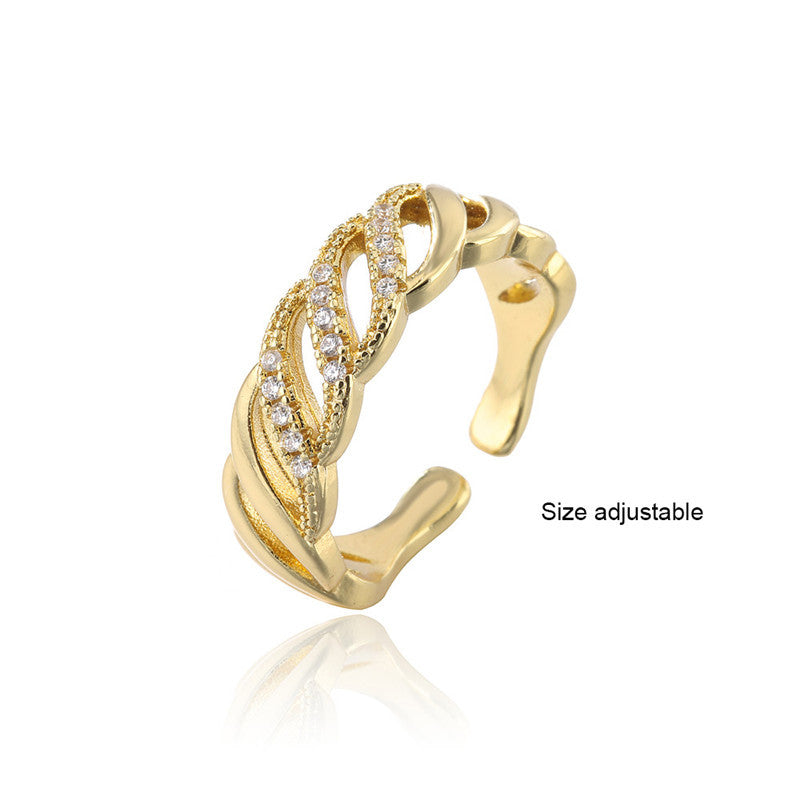 Anello Aperto Personalizzato di Tendenza, Placcato Oro 18K, Fascia in Rame con Zirconi Micro-Incastonati, Design Geometrico, da Donna