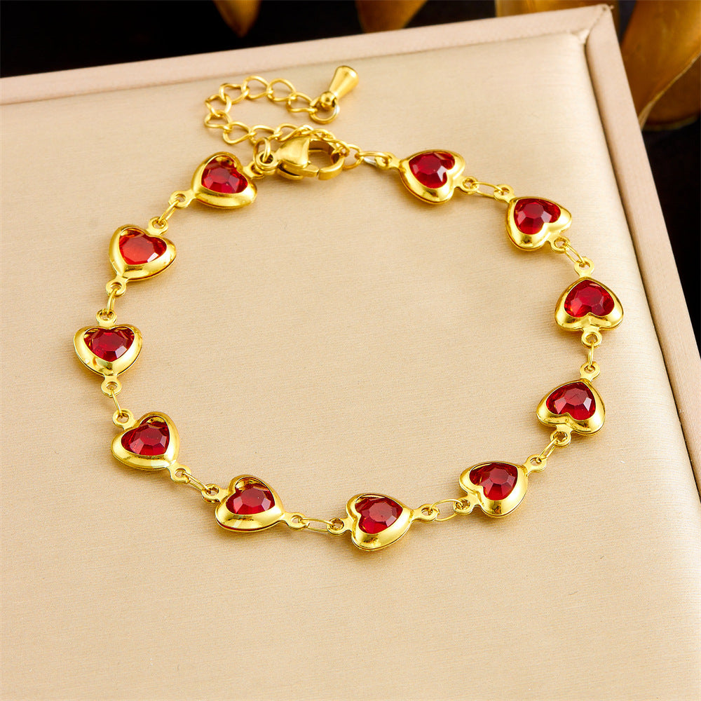 Minimalist Faceted Colorful Glass Rhinestone Heart Charm Stainless Steel Bracelet for Women