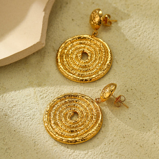 Vintage Style Hollow Spiral Disc Titanium Steel Earrings for Women with Plated Finish and Minimalist Circular Design