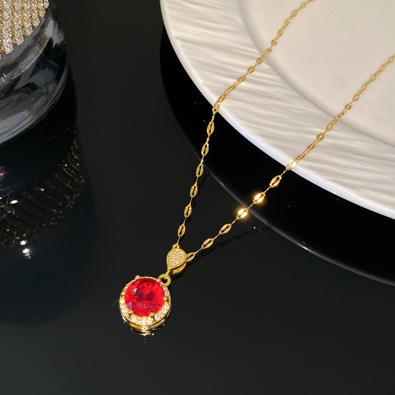 Sweet Elegant Round Geometric Micro-Inlaid Colorful Cubic Zirconia Brass Pendant Titanium Steel Necklace for Women and Men
