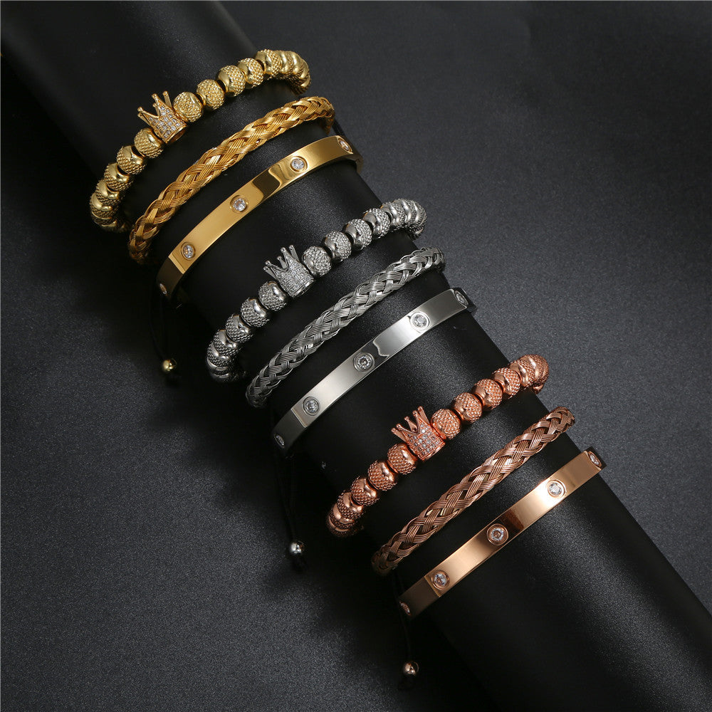 Fashion Commuter Geometric C-Shape Micro-inlay Cubic Zirconia Crown Pineapple Bead Titanium Steel Stainless Steel Bracelet Set for Women