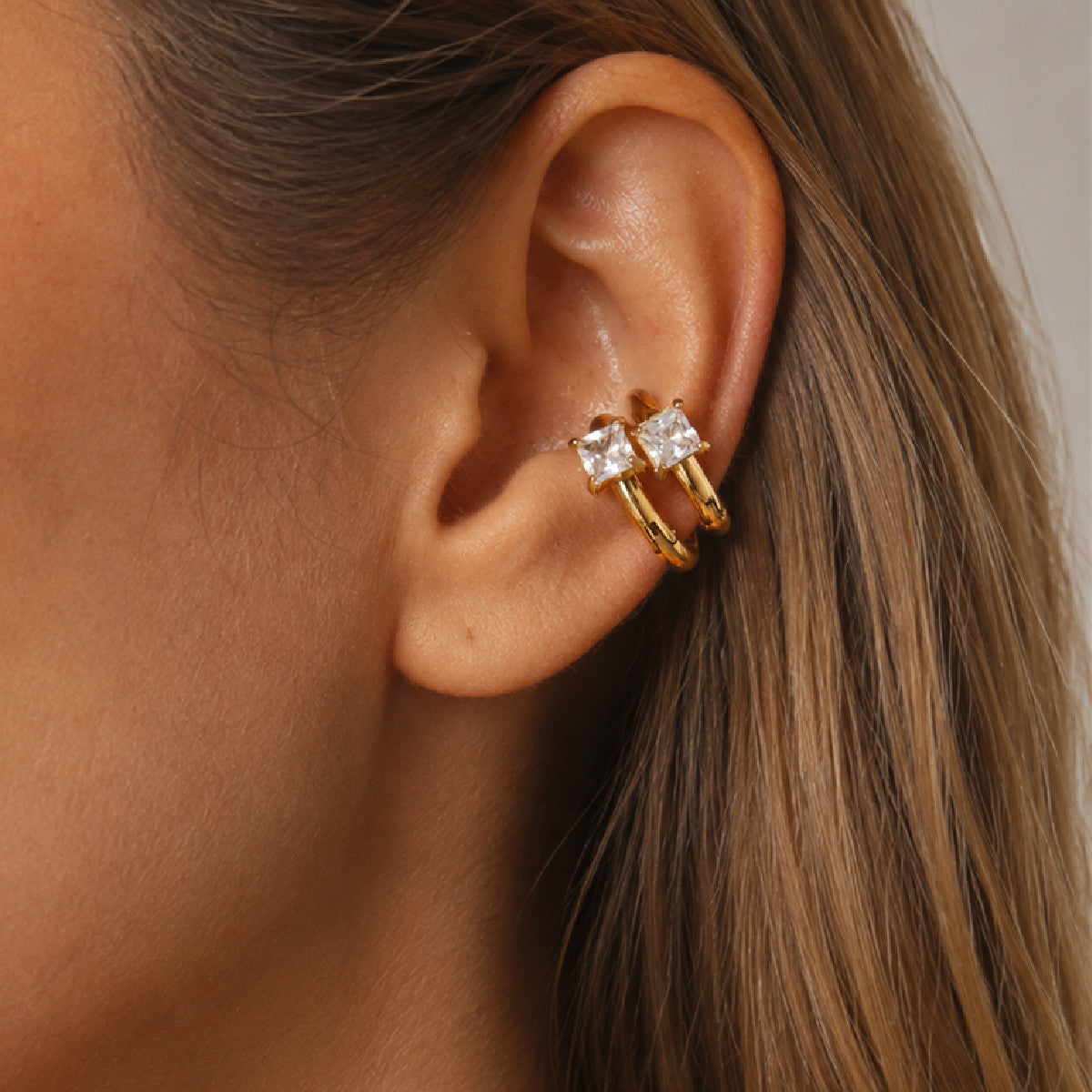 18K Gold Plated Stainless Steel Square Cubic Zirconia Geometric Open Hoop Earrings for Women