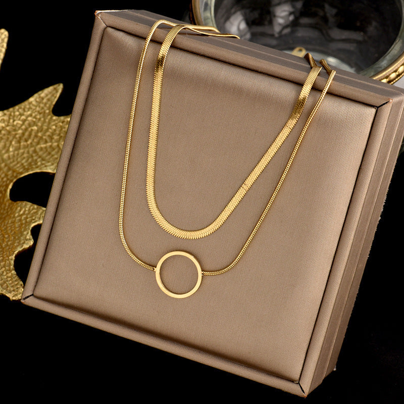 Collar con colgante de acero titanio, cadena de serpiente doble capa hueca, geométrica minimalista para mujer