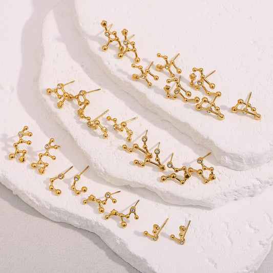 Fashionable Zodiac Constellation Stud Earrings in Stainless Steel with 18K Gold Plating and Rhinestone Accents