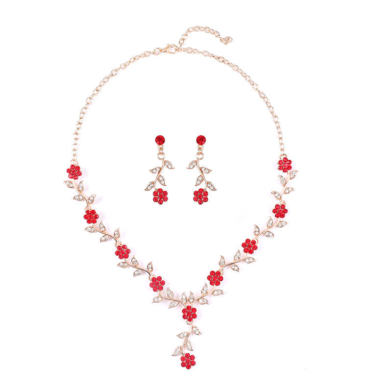 Vintage Retro Flower Shape Alloy Necklace and Earring Set with Colorful Rhinestone Inlay