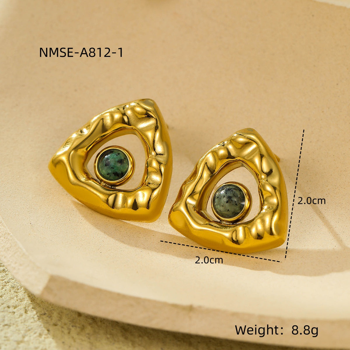 Pendientes de acero inoxidable vintage con diseño de triángulo plegado, chapado en oro de 18 quilates y acentos de piedra natural